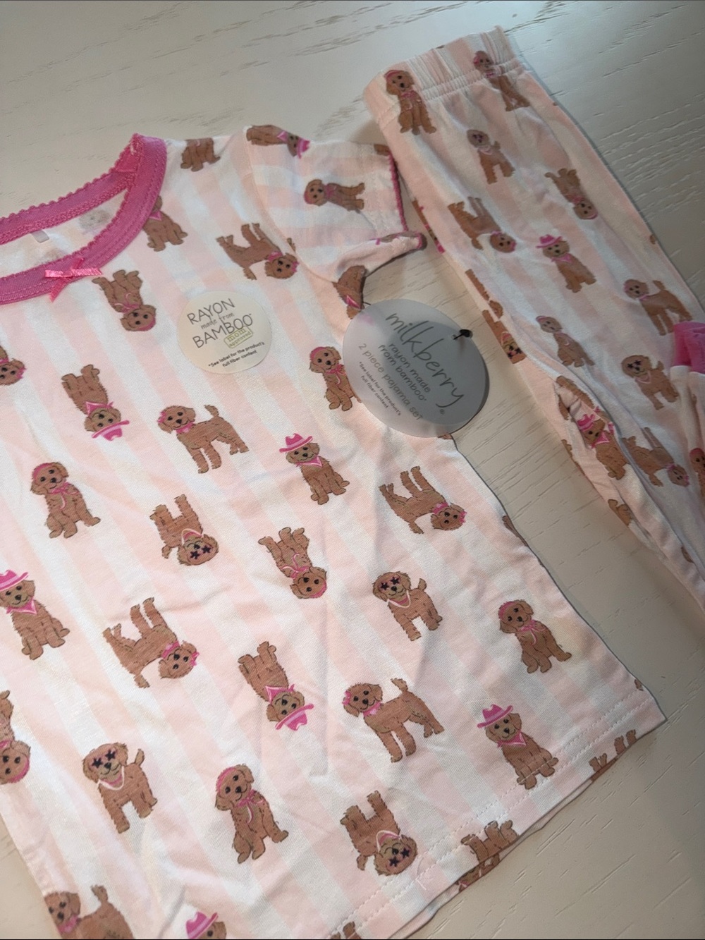 Milkberry Pink Puppy Print Cabana Stripe Bamboo Kids Pajama Set 2T 3T 4T 5T - Picture 5 of 6
